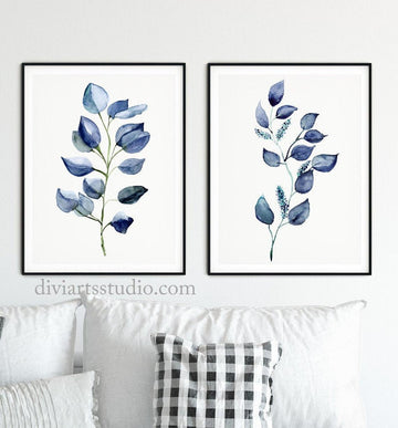 Blue Eucalyptus Art Prints, Set of 2 Blue Botanical Art